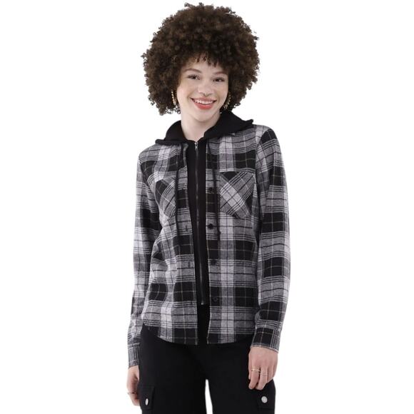 NWT No Boundaries Hoodie Womens Black/White Plaid Long Sleeve Shirt Size LRG - Picture 2 of 11